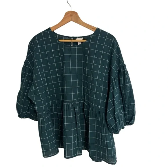 A new day green & white plaid windowpane peplum smock puff sleeve top size XL - Picture 9 of 14